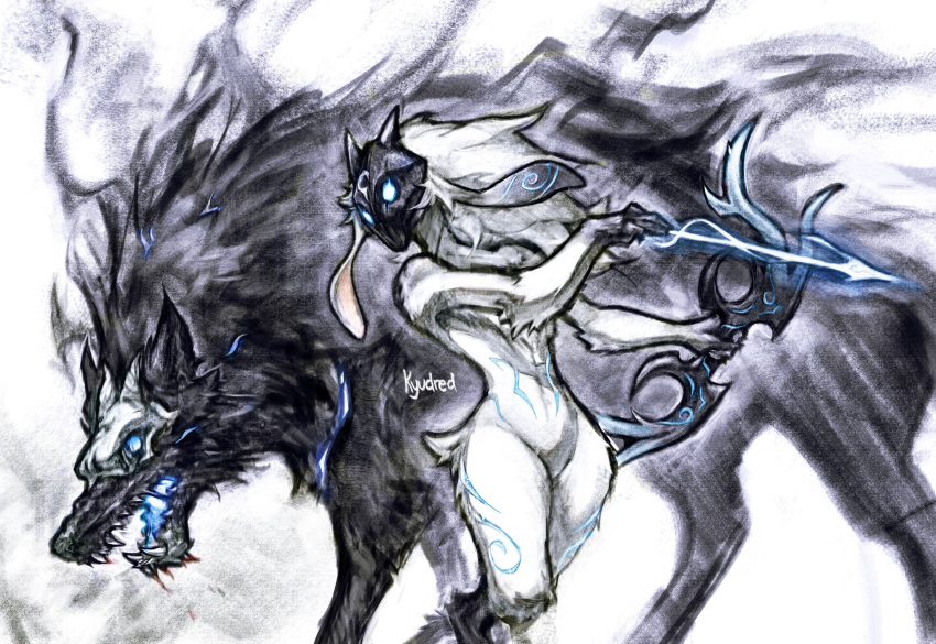 2024 anthro arm_tuft black_body black_fur bovid bow_(weapon) canid canine canis caprine digital_drawing_(artwork) digital_media_(artwork) digitigrade duo elbow_tuft ethereal_hair female feral fur glowing glowing_eyes glowing_mouth hi_res holding_object holding_weapon kindred_(lol) kyudred lamb_(lol) league_of_legends leg_markings long_ears male mammal markings mask navel ranged_weapon riot_games sharp_teeth sheep signature simple_background slim small_waist tail teeth thick_thighs thigh_markings tuft weapon white_body white_fur wide_hips wolf wolf_(lol)