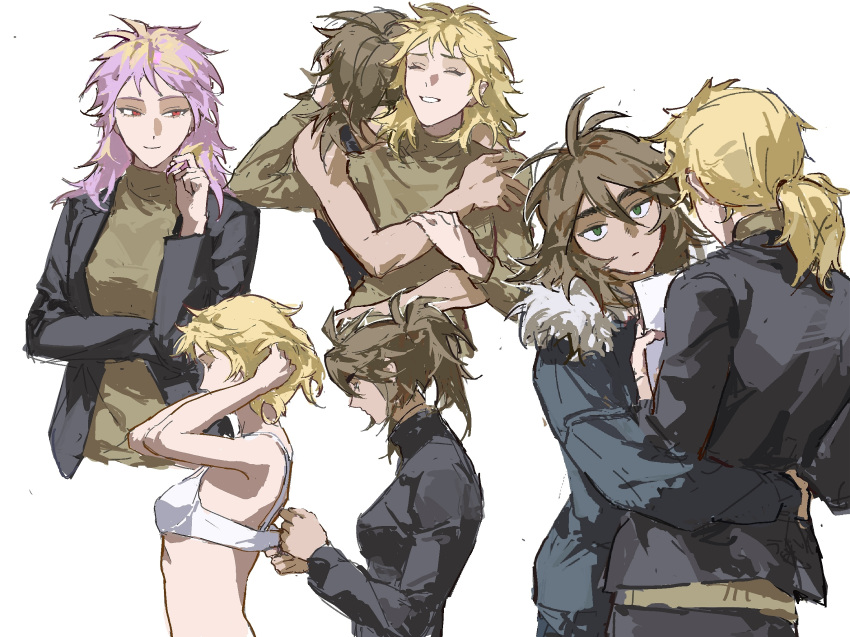 2girls atou_haruki black_jacket black_pants black_sweater blonde_hair blue_jacket bra breasts brown_hair chinese_commentary closed_eyes closed_mouth commentary_request fur-trimmed_jacket fur_trim genderswap genderswap_(mtf) green_eyes highres hug isoi_reiji iuew jacket large_breasts long_hair long_sleeves multicolored_hair multiple_girls pants pink_hair ponytail red_eyes saibou_shinkyoku simple_background smile spoilers step-sisters sweater turtleneck turtleneck_sweater underwear white_background white_bra yellow_sweater