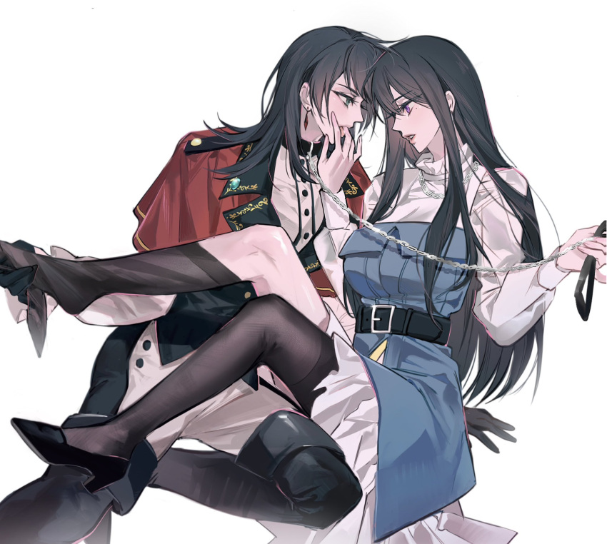 2girls bang_dream! bang_dream!_it's_mygo!!!!! belt belt_buckle black_belt black_collar black_footwear black_gloves black_hair black_thighhighs black_vest boots buckle chain collar collared_dress commentary dress dress_shirt earrings eye_contact gloves green_eyes hair_between_eyes hand_in_another's_mouth hashtag_only_commentary highres holding holding_leash jewelry leash long_hair long_sleeves looking_at_another loose_thighhigh m_omoo mole mole_under_eye multiple_girls open_mouth pants purple_eyes shiina_taki shirt sidelocks simple_background sparkle thigh_boots thighhighs undressing_another vest white_background white_dress white_pants white_shirt yahata_umiri yuri