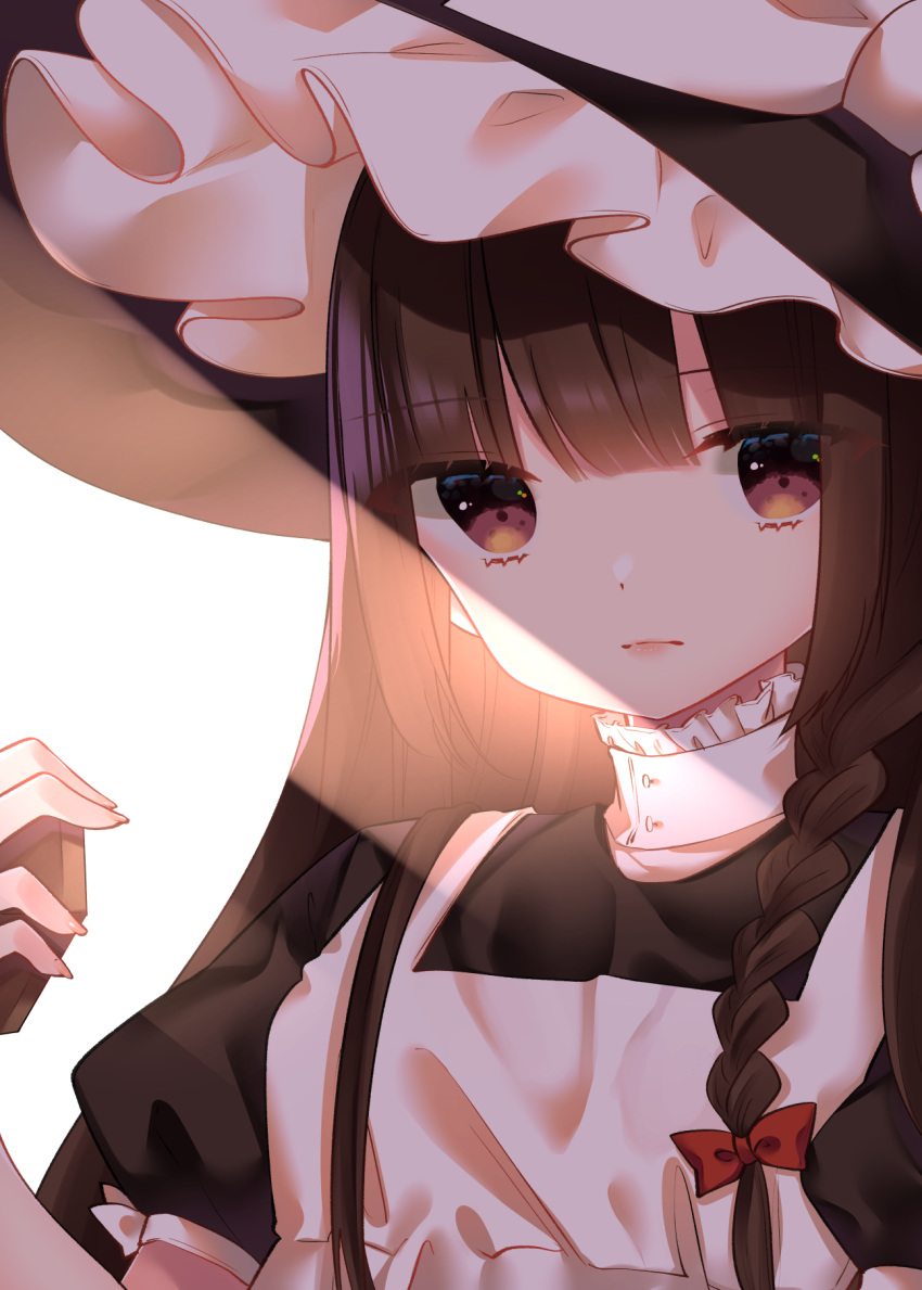 1girl bow braid brown_eyes brown_hair cacao_(cacaomgmg) closed_mouth commentary_request cosplay expressionless hair_bow hakurei_reimu hat hat_bow highres kirisame_marisa kirisame_marisa_(cosplay) long_hair looking_at_viewer mini-hakkero red_bow short_sleeves side_braid single_braid solo touhou white_bow witch_hat