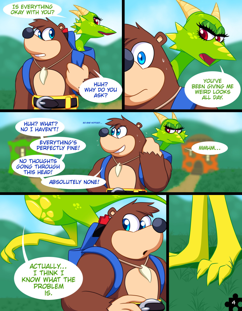 2024 absurd_res anthro backpack banjo-kazooie banjo_(banjo-kazooie) bear blue_eyes brown_bear brown_body brown_fur clothed clothing comic dialogue dragon dragon_kazooie duo english_text female fur grass green_body green_scales hi_res horn kazooie male mammal plant rareware red_eyes scales scalie skelly_doll speech_bubble text topless topless_male ursine