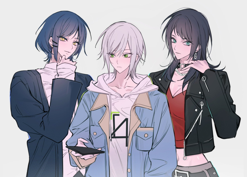 3girls aoba_moca bang_dream! bang_dream!_it's_mygo!!!!! black_choker black_hair black_jacket blue_cardigan blue_hair bocchi_the_rock! breasts cardigan cellphone choker cleavage closed_mouth commentary crop_top cropped_shirt crossover earrings english_commentary green_eyes grey_background hair_ornament hairclip hand_on_own_chin highres holding holding_phone hood hood_down hoodie jacket jewelry long_sleeves looking_at_viewer m_omoo medium_breasts midriff mole mole_under_eye multiple_girls navel necklace open_cardigan open_clothes open_jacket phone red_shirt shirt short_hair sidelocks simple_background smartphone stud_earrings upper_body white_hair white_hoodie yahata_umiri yamada_ryo yellow_eyes
