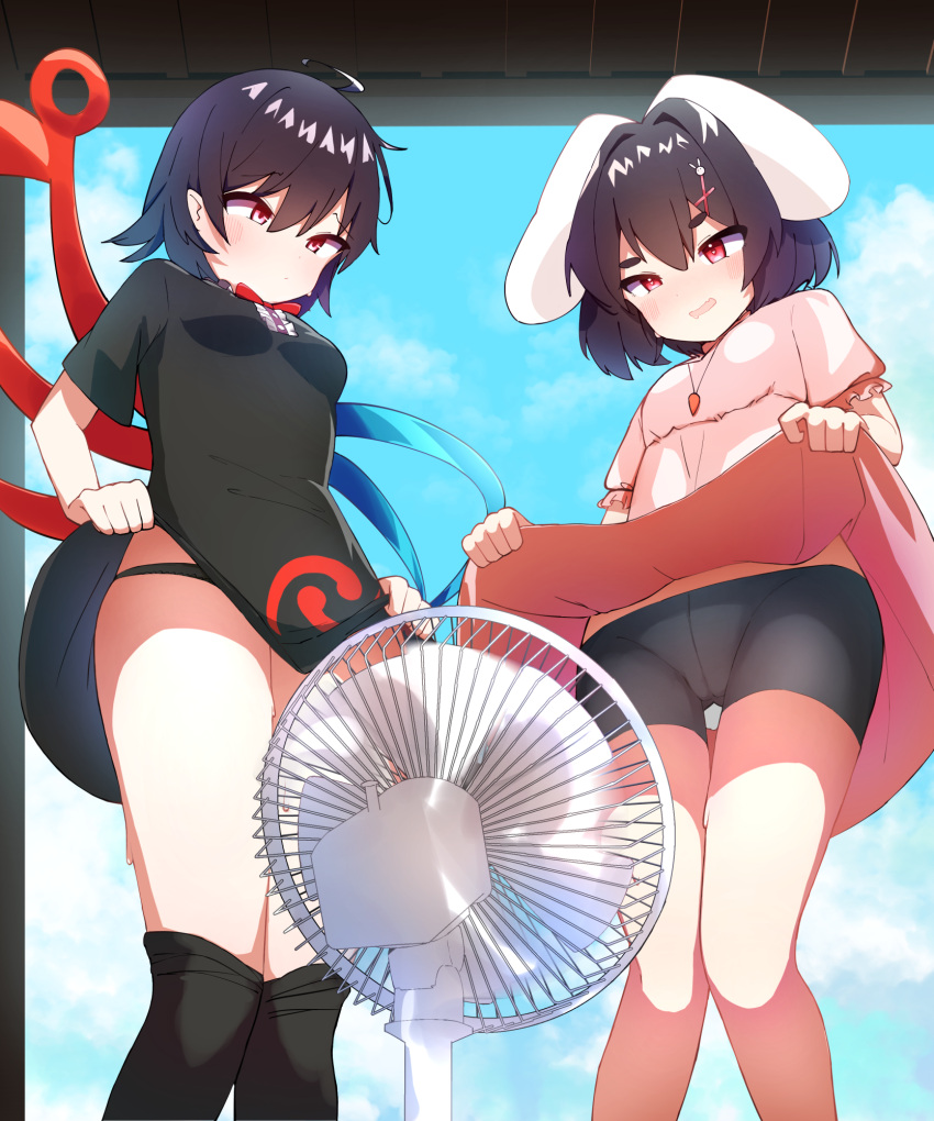 2girls animal_ears bike_shorts black_dress black_hair closed_mouth clothes_lift day dress dress_lift electric_fan highres hot houjuu_nue inaba_tewi jewelry lifted_by_self medium_hair multiple_girls necklace open_mouth pajhmh pink_dress rabbit_ears rabbit_girl red_eyes short_sleeves sweat touhou