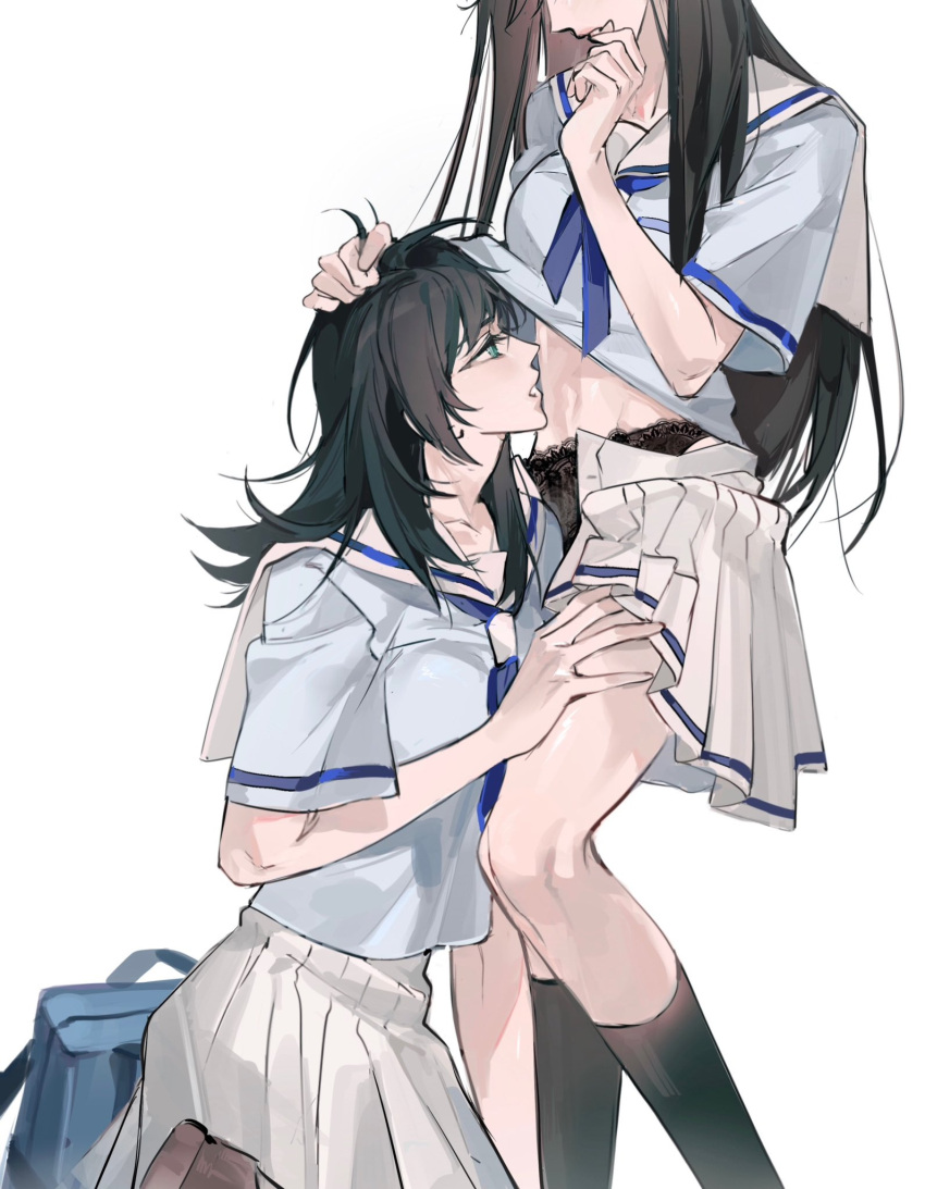 2girls bag bang_dream! bang_dream!_it's_mygo!!!!! black_hair black_panties black_socks blue_bag blue_shirt breasts green_eyes hanasakigawa_school_uniform hand_on_another's_thigh hand_up head_out_of_frame highres kneehighs kneeling long_hair m_omoo medium_breasts messy_hair midriff multiple_girls navel panties pleated_skirt sailor_collar school_bag school_uniform serafuku shiina_taki shirt short_sleeves simple_background skirt socks straight_hair underwear undressing_another white_background white_sailor_collar white_skirt yahata_umiri yuri