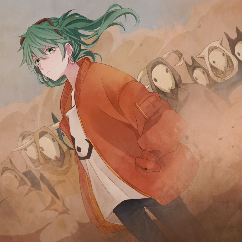 1girl 6+others black_pants brown_hoodie closed_mouth commentary_request cowboy_shot dust_cloud dutch_angle earrings expressionless green_eyes green_hair grey_hoodie gyw hair_between_eyes hands_in_pockets hatsune_miku highres hood hood_up hoodie hoop_earrings jacket jewelry long_bangs long_hair looking_at_viewer mask masked multiple_others open_clothes open_jacket orange_jacket pants shirt solo_focus suna_no_wakusei_(vocaloid) twintails vocaloid white_hoodie white_shirt