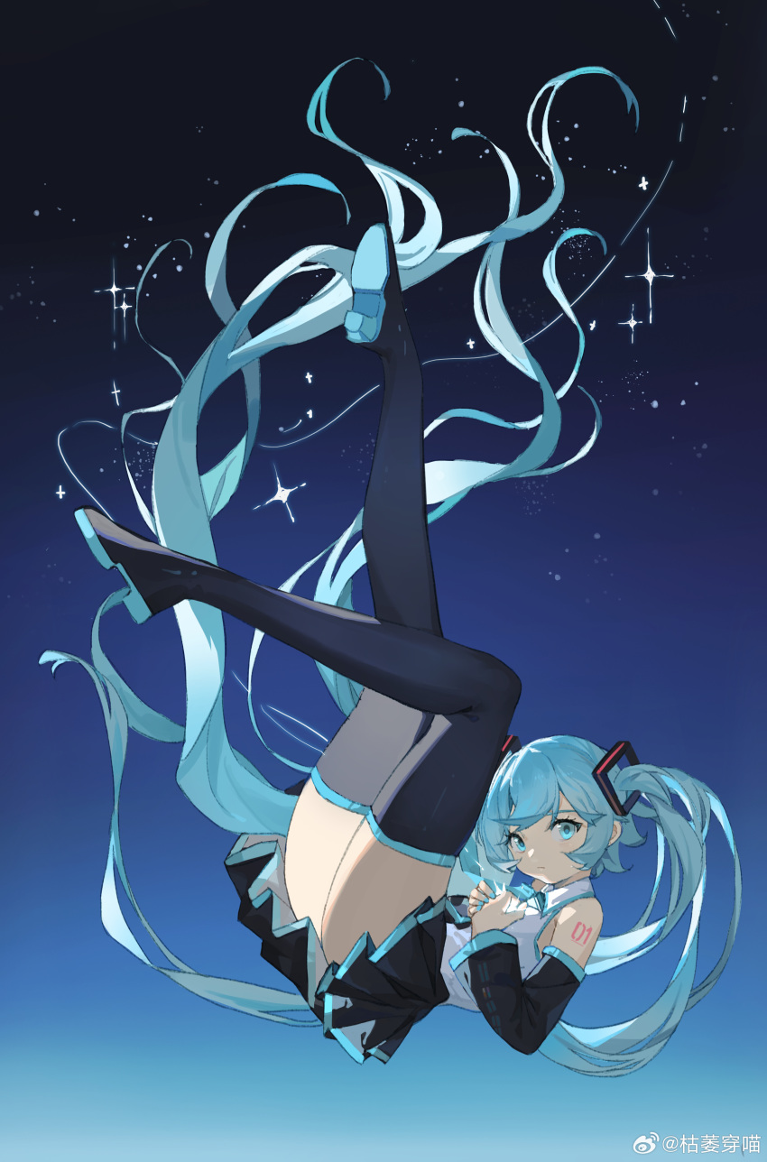 1girl absurdres black_shirt black_thighhighs blue_background blue_eyes blue_hair boots closed_mouth detached_sleeves floating gradient_background hair_ornament hatsune_miku highres kuweichuanxin_jr legs legs_up long_hair looking_at_viewer number_tattoo own_hands_together pleated_skirt shirt shoe_soles skirt solo sparkle star_(sky) tattoo thigh_boots thighhighs thighs twintails vest vocaloid weibo_logo weibo_username white_vest