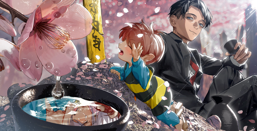 2boys absurdres alcohol arm_up black_hair black_jacket black_pants blue_kimono blurry blush cherry_blossoms child choko_(cup) closed_mouth crying cup day depth_of_field dew_drop different_reflection facing_ahead from_side gegege_no_kitarou geta grave grey_hair hand_up happy highres holding holding_cup iwako_(gegege_no_kitarou) jacket japanese_clothes kimono kitarou kitarou_tanjou:_gegege_no_nazo knees_up long_sleeves looking_at_viewer looking_to_the_side lying mau_sakura medama_oyaji medama_oyaji_(human) mizuki_(gegege_no_kitarou) multiple_boys necktie on_stomach open_mouth pants petals pointy_ears profile red_hair red_necktie reflection religious_offering sake shirt sideways_glance striped_clothes striped_vest suit sunlight tokkuri tombstone vest water water_drop white_shirt