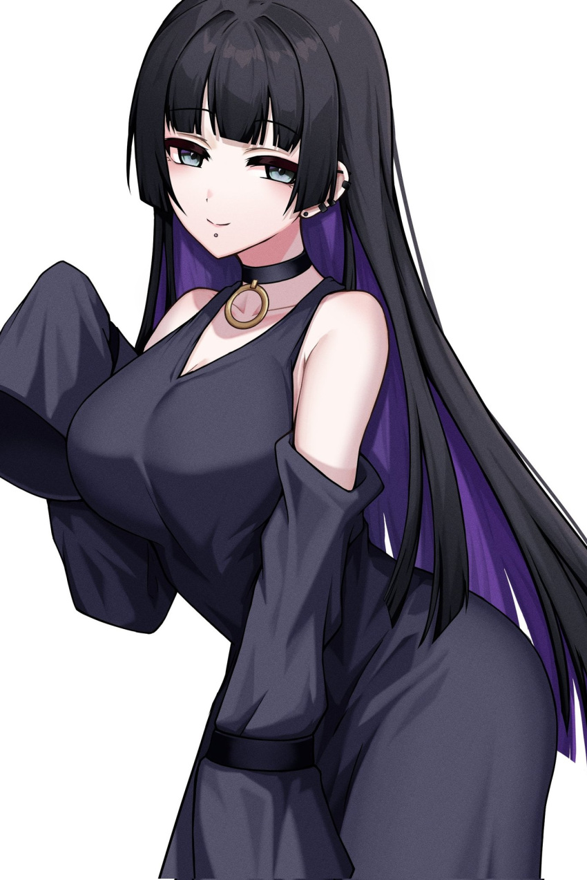 1girl bare_shoulders black_choker black_dress black_eyes black_hair black_sleeves blue_hair bocchi_the_rock! choker closed_mouth collarbone colored_inner_hair commentary curvy detached_sleeves dress gothic hand_up highres kushinaka long_hair looking_at_viewer mouth_piercing multicolored_hair pa-san simple_background sleeveless sleeveless_dress sleeves_past_fingers sleeves_past_wrists smile solo straight_hair upper_body very_long_hair white_background