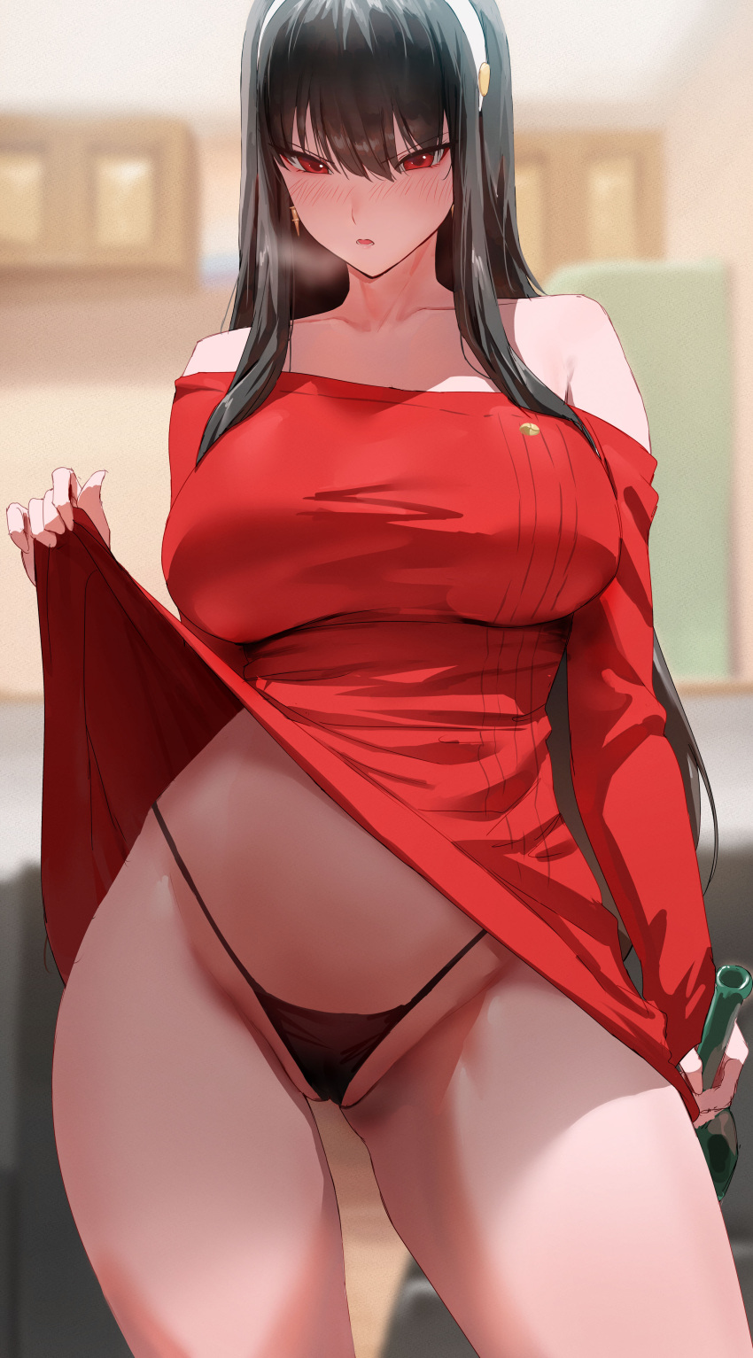 1girl absurdres bare_shoulders black_hair black_panties blurry blurry_background blush dress hairband highres long_hair long_sleeves off_shoulder panties parted_lips red_eyes rororo solo spy_x_family sweater sweater_dress thighs torn_clothes underwear white_hairband yor_briar