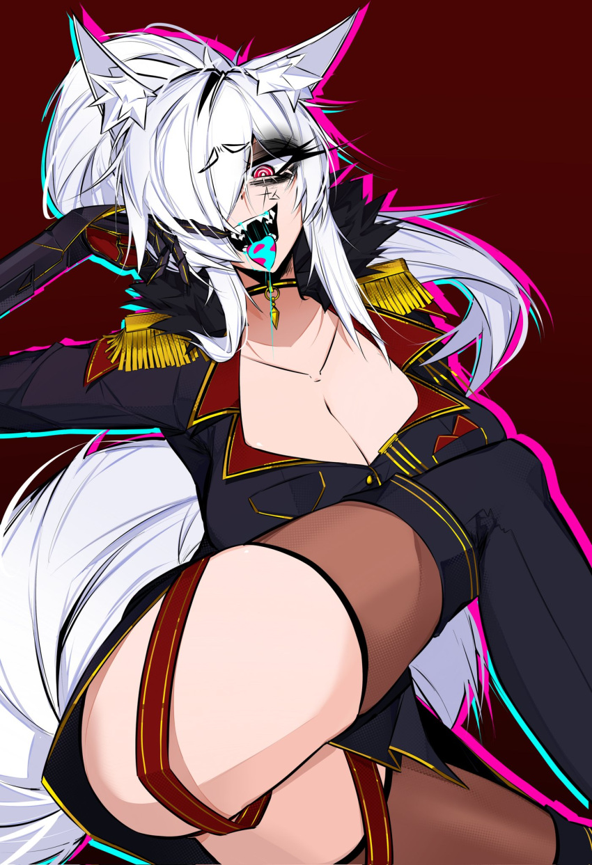 1girl ace_glitch animal_ear_fluff animal_ears black_coat black_eyeshadow black_footwear blue_liquid boots breast_pocket breasts cleavage coat collarbone discordia_(vtuber) epaulettes eyelashes eyeshadow fox_ears fox_girl fox_tail fur-trimmed_coat fur_trim grey_hair hair_over_one_eye highres large_breasts long_hair low_neckline makeup outline pocket ponytail red_background red_eyes red_ribbon ribbon second-party_source sharp_teeth solo tail teeth thigh_boots thighhighs thighs tongue tongue_out vfleet