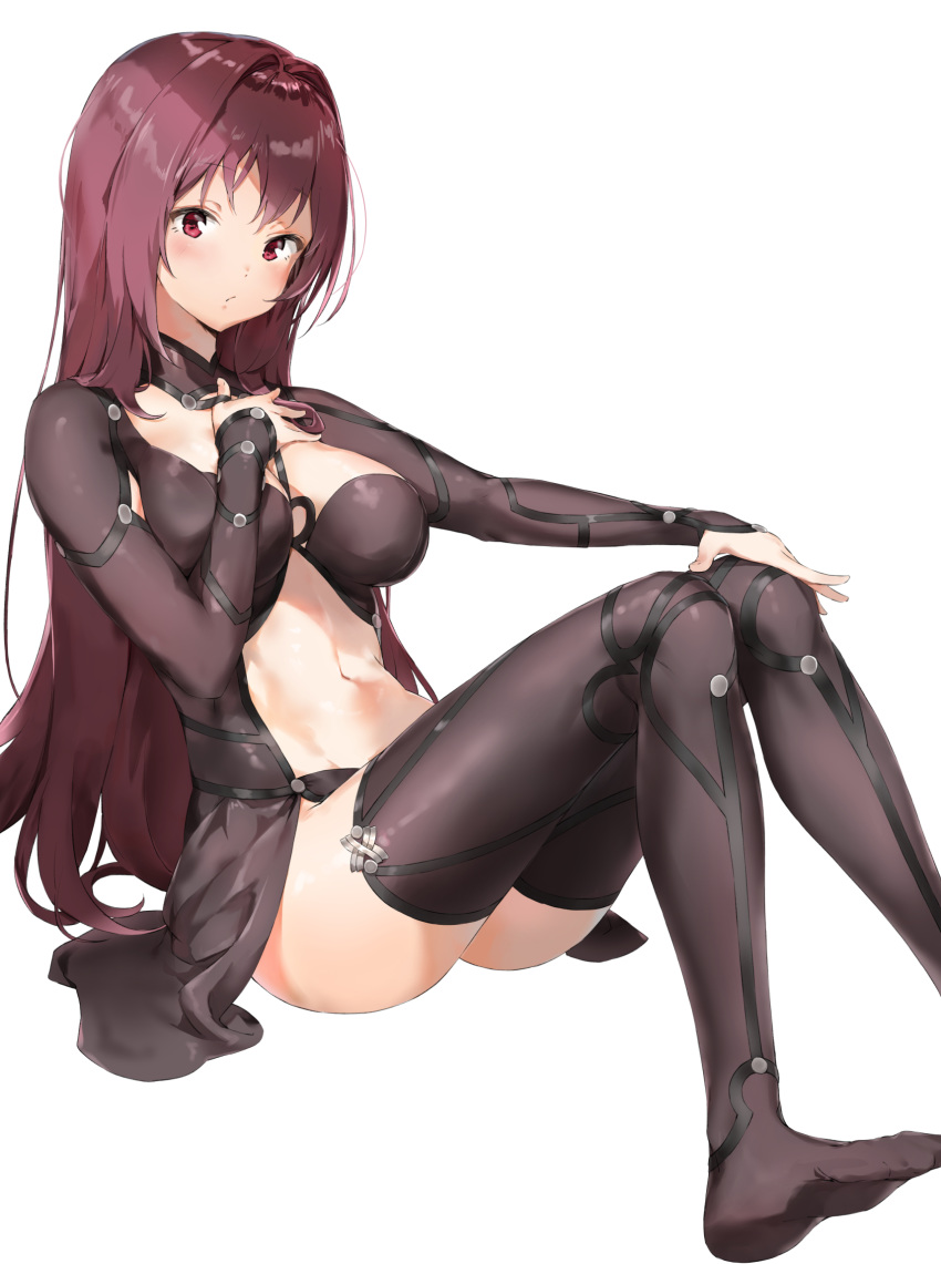 1girl bangs black_legwear bodysuit breasts closed_mouth commentary_request eyebrows_visible_through_hair fate/grand_order fate_(series) foot_out_of_frame hand_on_own_chest hand_on_own_knee highres knees_up long_hair looking_at_viewer medium_breasts midriff no_shoes pixel_(yuxian) purple_hair red_eyes scathach_(fate)_(all) scathach_(fate/grand_order) shiny shiny_hair simple_background sitting skin_tight solo straight_hair thighhighs very_long_hair white_background