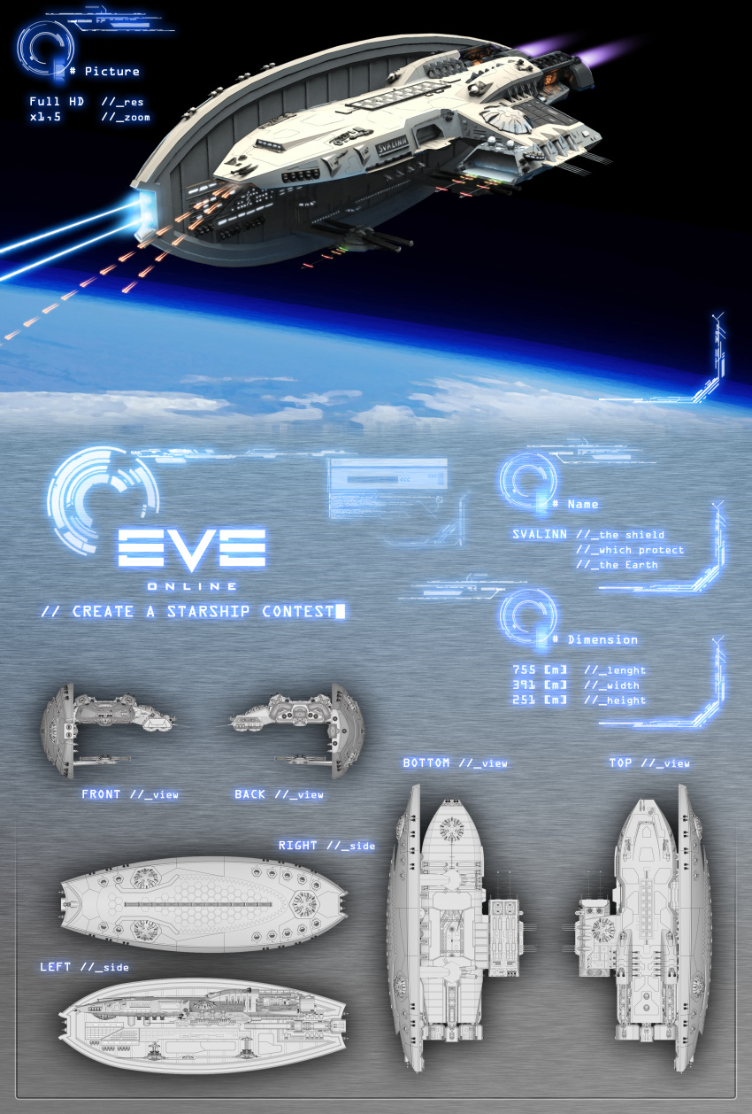 3d absurdres battleship_(eve_online) cannon commentary concept_art copyright_name energy energy_beam english_text eve_online firing flying from_side glowing highres horizon in_orbit logo military_vehicle multiple_views no_humans original outdoors pingouin84k planet projectile_trail reference_sheet science_fiction space spacecraft turret vehicle_focus