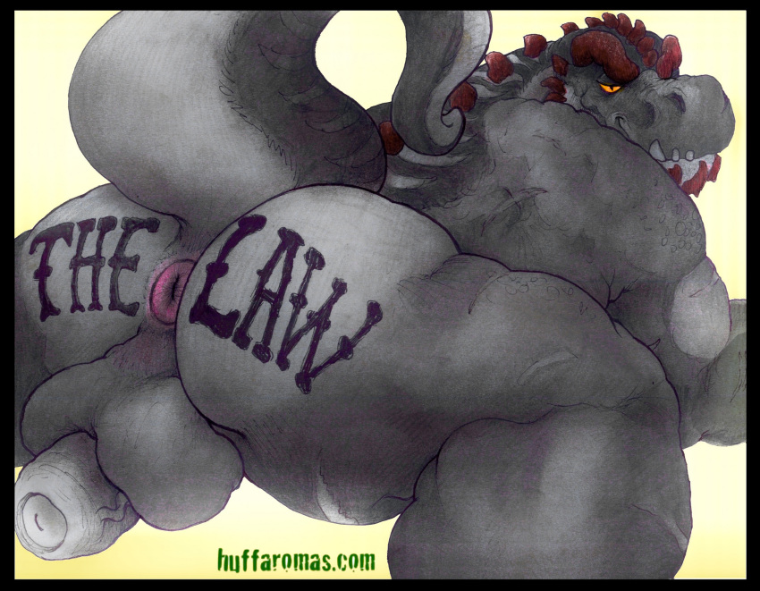 anthro anus balls dinosaur genitals hi_res huffaromas male musk reptile scalie solo tattoo yagi_b._(artist)