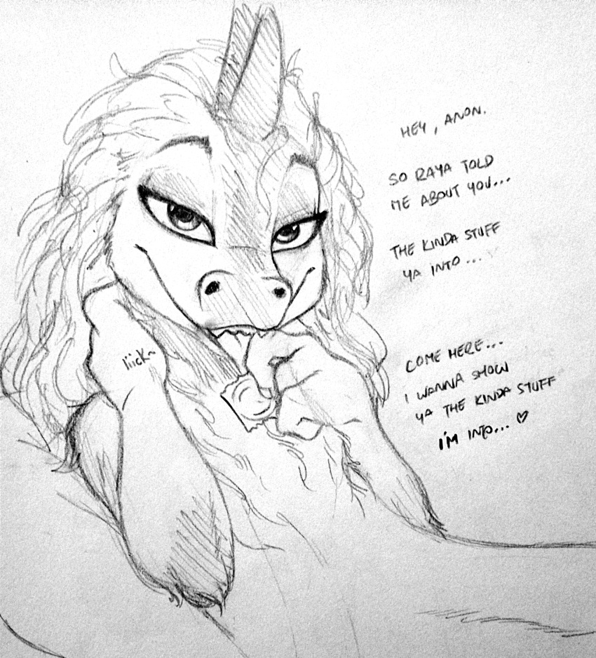 anthro bedroom_eyes condom dialogue disney dragon elemental_creature elemental_dragon english_text fangs female graphite_(artwork) half-closed_eyes hi_res ice_dragon licking looking_at_viewer narrowed_eyes onomatopoeia open_mouth pencil_(artwork) raya_and_the_last_dragon seductive sexual_barrier_device sisu_(ratld) solo sound_effects teeth text tongue tongue_out traditional_media_(artwork) unknown_artist unused_condom wrapped_condom