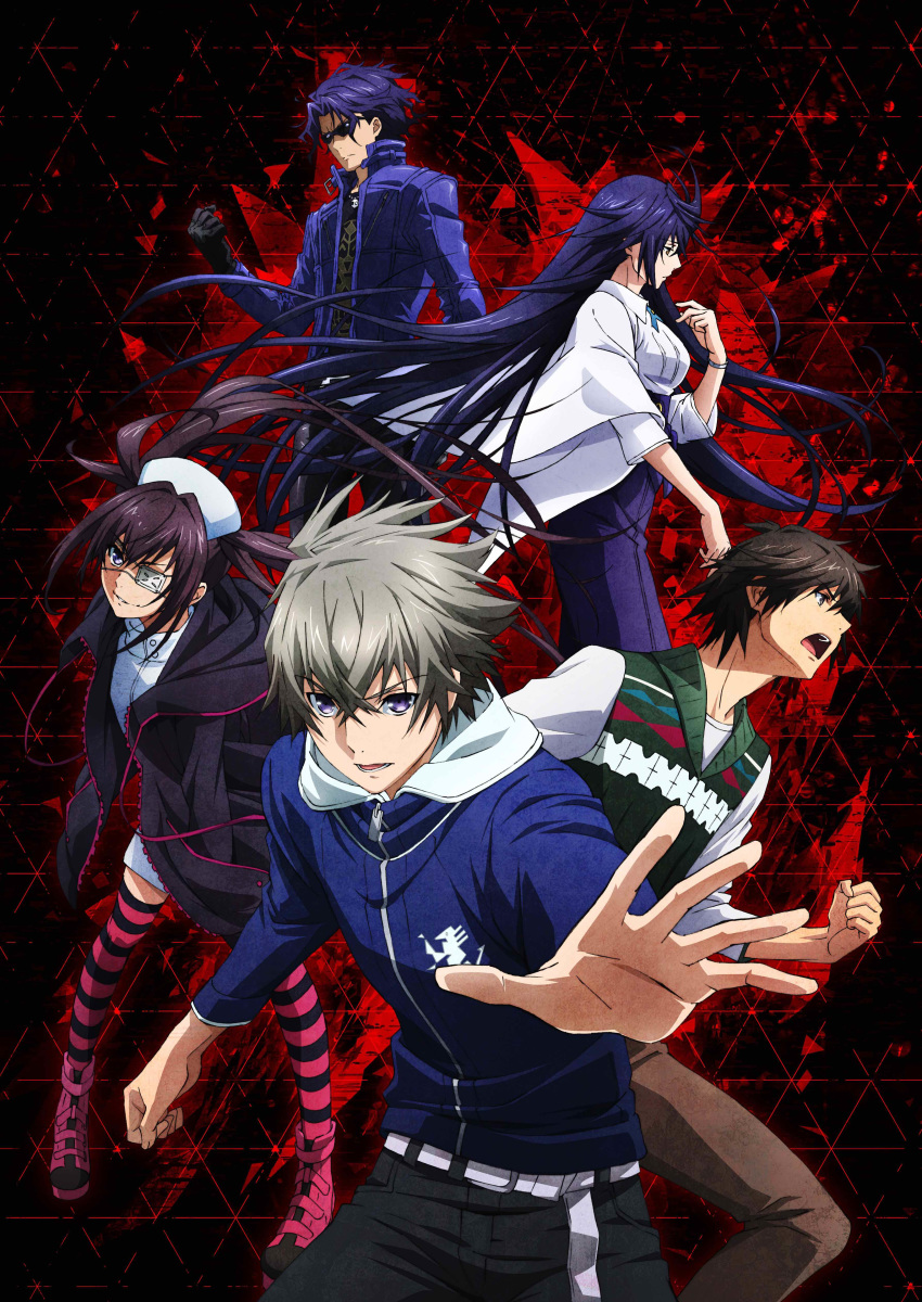 3boys absurdres belt black_gloves black_pants blue_hair blue_hakama blue_jacket boots brown_hair brown_pants character_request dress eyepatch floating_hair gloves grin hair_between_eyes hakama hat highres jacket japanese_clothes key_visual kimono long_hair looking_at_viewer lord_of_vermilion multiple_boys multiple_girls nurse nurse_cap official_art open_mouth outstretched_arm pants pink_footwear purple_eyes shirt short_dress silver_hair smile spiked_hair striped striped_legwear sunglasses thighhighs unzipped very_long_hair vest white_dress white_kimono white_shirt zipper