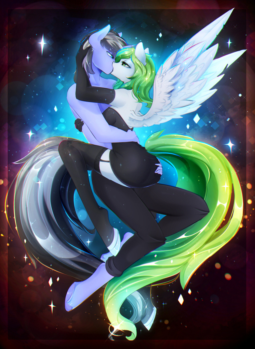 2018 anthro black_hair blue_eyes breasts digital_media_(artwork) duo equine feathered_wings feathers female green_eyes green_hair hair horn kissing koveliana male mammal pegasus unicorn wings