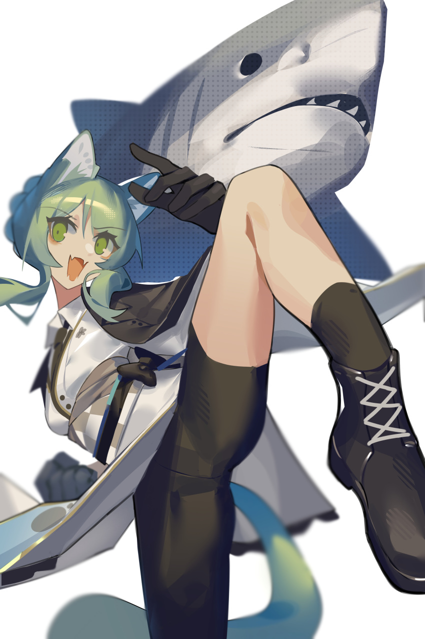 1girl absurdres animal_ears black_gloves black_ribbon cape cat_ears cat_girl cat_tail cowboy_shot fangs ghost_(tama) gloves green_eyes green_hair high_kick highres kicking obi original ribbon sash shark shoes shorts simple_background solo tail thighs white_background