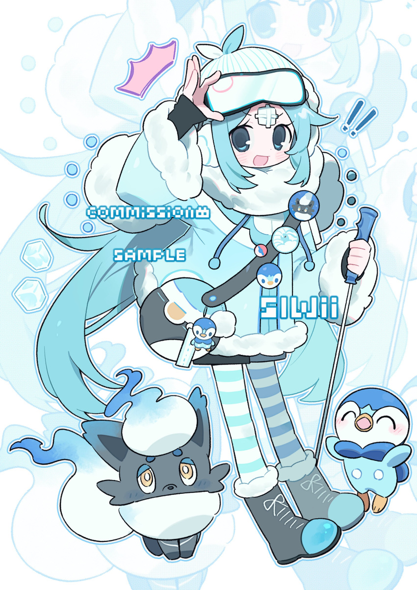 absurdres badge blue_eyes blue_hair copyright_request highres ice ice_cube light_blush long_sleeves pantyhose piplup poke_ball pokemon_(creature) slwii2 smile striped_clothes striped_pantyhose winter_clothes