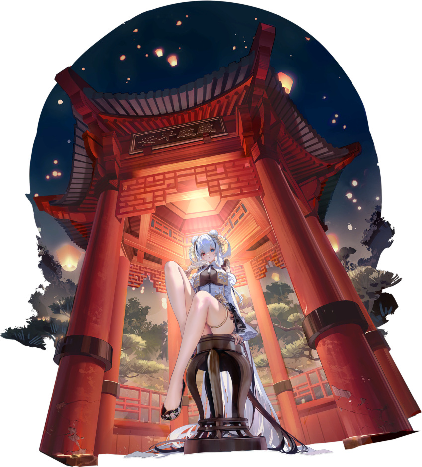 1girl absurdly_long_hair architecture azur_lane bare_shoulders black_footwear blue_eyes breast_curtains breasts china_dress chinese_clothes double_bun dress east_asian_architecture elbing_(azur_lane) elbing_(beauty_beneath_the_spring_limelight)_(azur_lane) from_below full_body hair_bun hair_ornament hand_up heterochromia highres knee_up lantern large_breasts legs long_hair long_sleeves looking_at_viewer looking_down mimoza_(96mimo414) night night_sky official_alternate_costume official_art outdoors red_eyes shoes sitting sky smile solo thigh_strap thighs tree very_long_hair white_dress white_hair