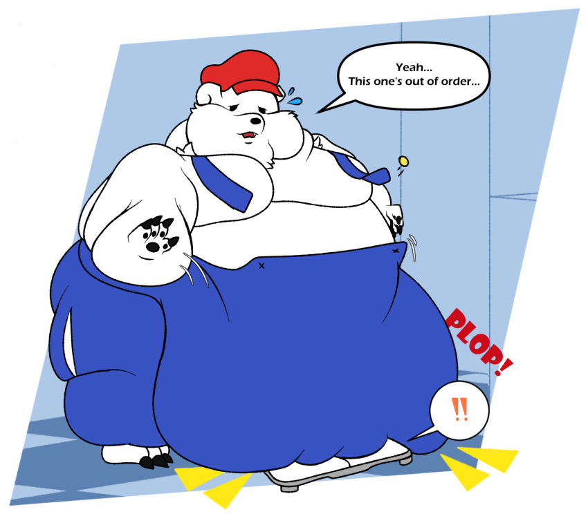 2023 alternate_version_at_source anthro bear belly big_belly big_cheeks big_moobs black_pawpads blue_overalls bodily_fluids button_(fastener) button_pop clothed clothing dialogue english_text exclamation_point fur hat headgear headwear hi_res huge_belly hyper hyper_belly male mammal moobs morbidly_obese morbidly_obese_anthro morbidly_obese_male nintendo obese obese_anthro obese_male open_mouth overweight overweight_anthro overweight_male pawpads pitchblackdark polar_bear red_clothing red_hat red_headwear shirtless shopkeeper_polario solo sound_effects speech_bubble standing sweat sweatdrop text topless torn_clothing ursine warioware weighing_scale white_body white_fur