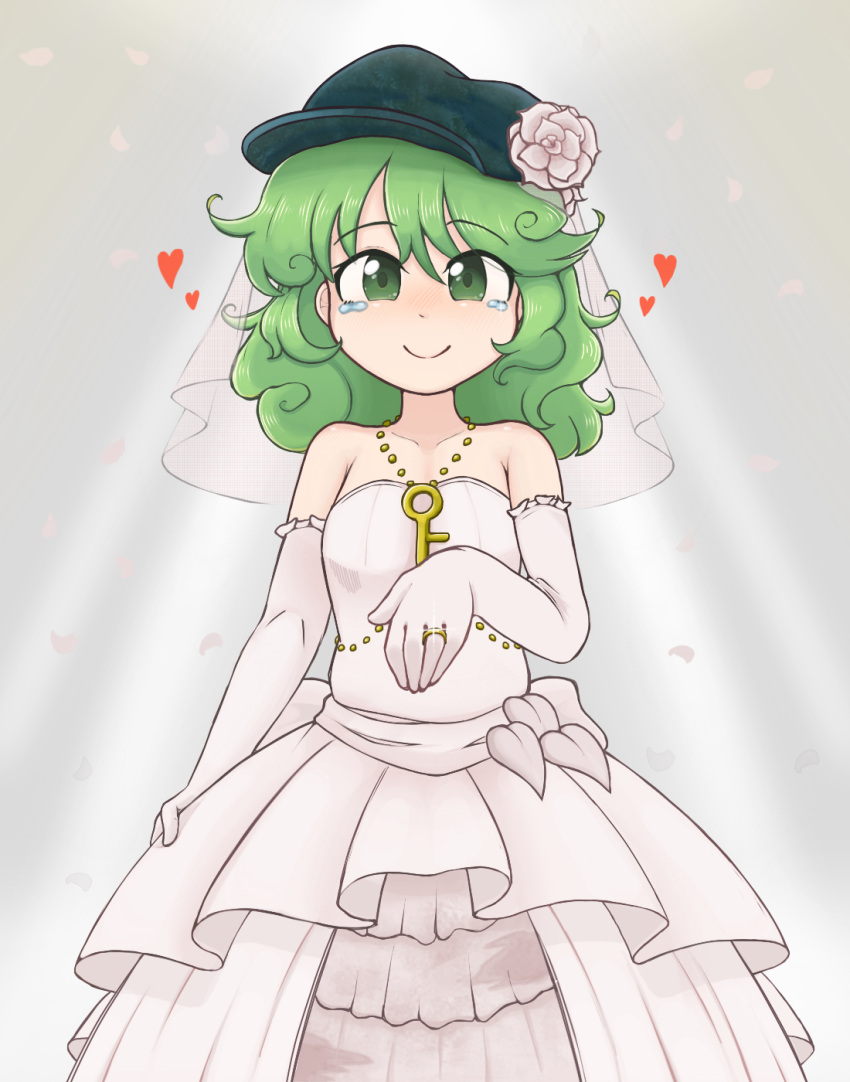 1girl bridal_veil closed_mouth commentary commission dress elbow_gloves english_commentary flat_cap flower gloves green_eyes green_hair grey_background hat hat_flower heart highres keb00b key looking_at_viewer medium_hair pixiv_commission simple_background smile solo tearing_up touhou veil wedding_dress white_dress white_gloves yamashiro_takane