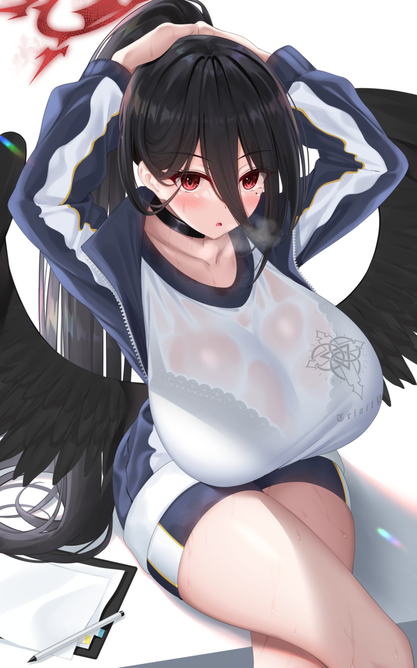 1girl :o absurdres adjusting_hair arms_up bird_wings black_bra black_choker black_hair black_wings blue_archive blue_jacket blue_shorts blush bra bra_visible_through_clothes breasts choker clipboard commentary_request crossed_legs feathered_wings gym_shirt gym_shorts gym_uniform hair_between_eyes halo hasumi_(blue_archive) hasumi_(track)_(blue_archive) heavy_breathing highres huge_breasts jacket large_wings long_hair long_sleeves looking_at_viewer low_wings mole mole_under_eye official_alternate_costume open_clothes open_jacket open_mouth partial_commentary ponytail red_eyes red_halo see-through see-through_shirt shirt short_shorts shorts sitting solo sweat sweaty_clothes thick_thighs thighs track_jacket underwear very_long_hair white_shirt wings yunagi_amane