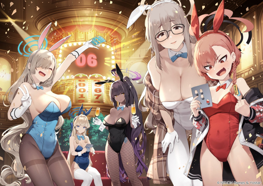 akane_(blue_archive) akane_(bunny)_(blue_archive) animal_ears black_hair black_leotard blonde_hair blue_archive blue_bow blue_bowtie blue_eyes blue_leotard bow bowtie breasts brown_eyes brown_hair casino cleavage closed_eyes closed_mouth cocktail_glass cup dark-skinned_female dark_skin detached_collar drinking_glass fake_animal_ears glasses gloves hair_over_one_eye halo highres holding holding_cup karin_(blue_archive) karin_(bunny)_(blue_archive) kotoribako large_breasts leaning_forward leotard long_hair looking_at_viewer medium_breasts medium_hair mole mole_under_eye neru_(blue_archive) open_mouth playboy_bunny rabbit_ears red_bow red_bowtie red_eyes red_hair red_leotard sitting smile standing thighhighs v white_gloves white_leotard white_thighhighs yellow_eyes