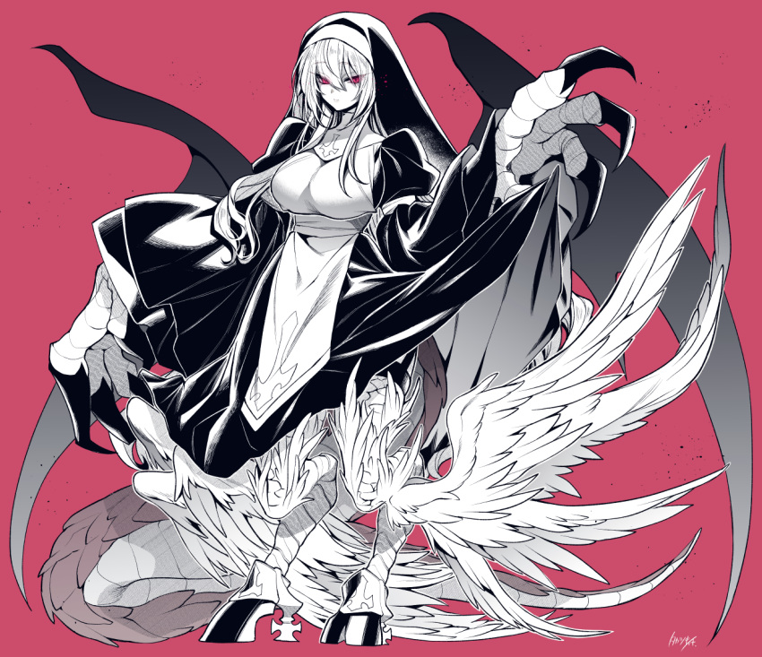 1girl breasts chimera clothes_lift commentary_request cross dragon_tail dragon_wings full_body habit hooves large_breasts monster_girl nun original red_background red_eyes signature simple_background skirt skirt_lift tail takatsuki_ichi talons veil wings