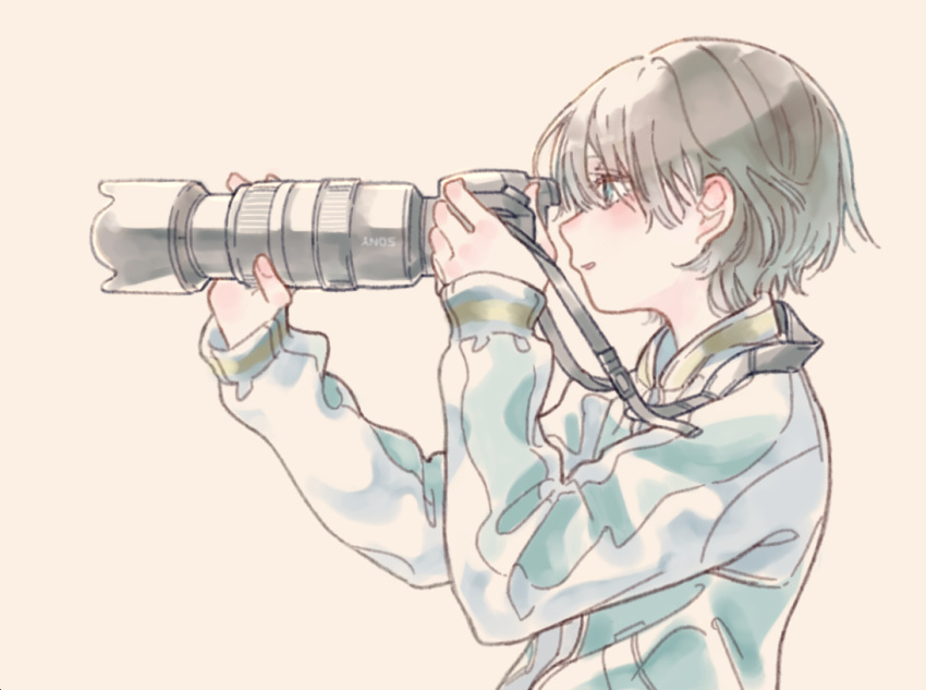 1girl ajomo blue_eyes blue_jacket brown_hair camera dslr hair_between_eyes hands_up holding holding_camera jacket long_sleeves original parted_lips profile short_hair simple_background solo strap taking_picture track_jacket upper_body yellow_background