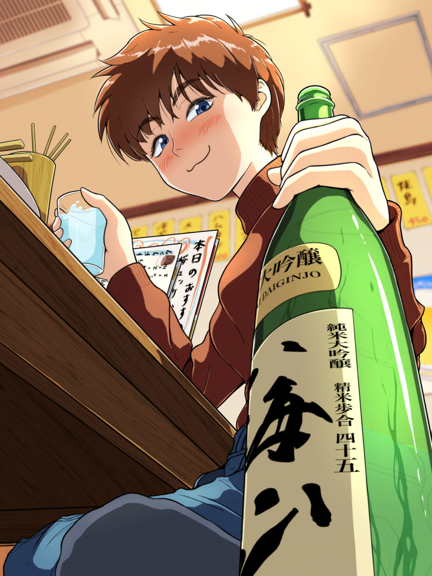 1girl absurdres alcohol blue_eyes blue_pants blush bottle brown_hair chopsticks closed_mouth cup drinking_glass drunk glass_bottle highres holding holding_bottle indoors izumi_noa kidou_keisatsu_patlabor long_sleeves looking_at_viewer pants ranmaru_(jackpot_1123) red_sweater restaurant sake sake_bottle short_hair smile socks solo sweater turtleneck