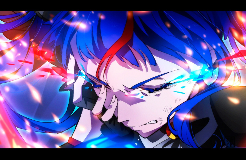 1girl aoi_tete artist_logo black_gloves black_wings blue_hair brooch closed_eyes closed_mouth cure_sky cut_bangs dark_cure_sky dark_persona detached_sleeves embers feathered_wings fingerless_gloves frown gloves glowing glowing_eyes hand_on_own_face highres hirogaru_sky!_precure jewelry letterboxed long_hair magical_girl multicolored_hair precure puffy_detached_sleeves puffy_sleeves solo sora_harewataru streaked_hair sweat twintails wing_brooch wings