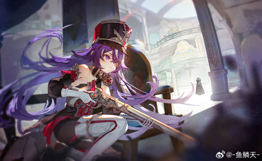 1girl 1other bare_shoulders black_headwear boots chevreuse_(genshin_impact) commentary_request detached_sleeves earmuffs_around_neck genshin_impact gloves gun hat highres holding holding_gun holding_weapon long_hair purple_eyes purple_hair rifle shako_cap thigh_boots very_long_hair weapon white_footwear white_gloves yulin_tian