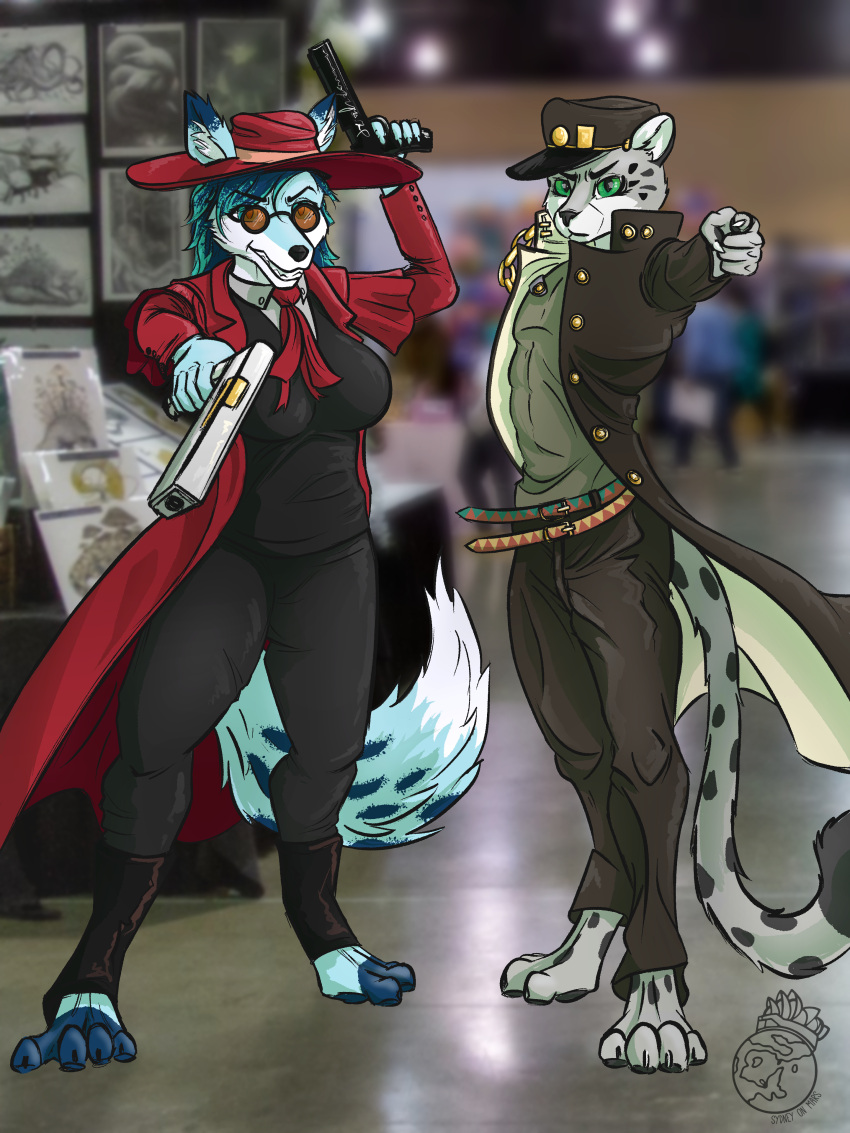 absurd_res alucard_(hellsing) anthro canid canine clothed clothing convention cosplay crossover crossover_cosplay duo felid female fox fully_clothed gun handgun hellsing hi_res jojo's_bizarre_adventure jotaro_kujo looking_at_viewer male mammal pantherine pistol ranged_weapon smile snow_leopard standing sydney_onmars weapon