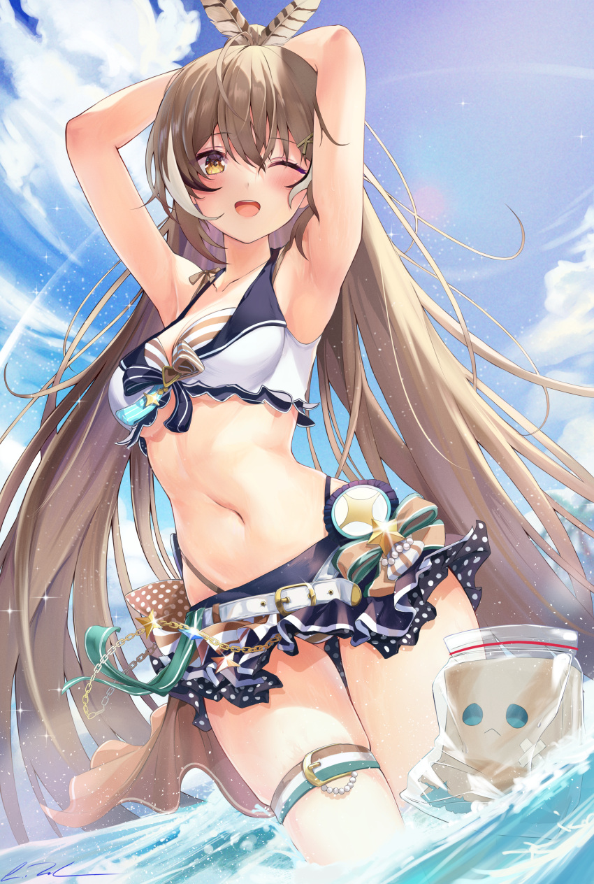 1girl absurdres ahoge armpits arms_up bag bikini breasts brown_eyes brown_hair feather_hair_ornament feathers friend_(nanashi_mumei) hair_ornament highres hololive hololive_english hololive_summer_2023_swimsuit layered_bikini lens_flare long_hair lukas_reule medium_breasts nanashi_mumei navel ocean one_eye_closed plastic_bag presenting_armpit swimsuit thigh_strap virtual_youtuber