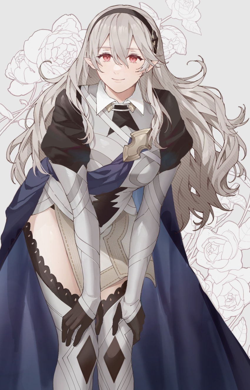 1girl ai_tkkm armor black_gloves black_hairband blue_cape cape closed_eyes commentary corrin_(female)_(fire_emblem) corrin_(fire_emblem) fire_emblem fire_emblem_fates flower gloves grey_background grey_hair hair_between_eyes hair_ornament hairband highres long_hair looking_at_viewer pointy_ears red_eyes simple_background smile solo thighs white_flower