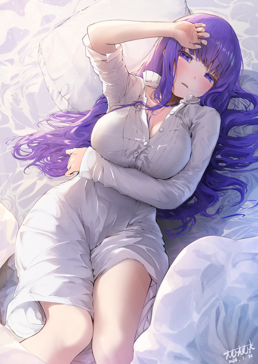 1girl arm_on_own_head bed_sheet breasts collar commentary_request dated dress fern_(sousou_no_frieren) fever frilled_collar frills highres large_breasts long_dress long_hair long_sleeves looking_at_viewer loose_hair_strand lying mmk open_mouth partially_unbuttoned purple_eyes purple_hair sick signature sousou_no_frieren white_dress