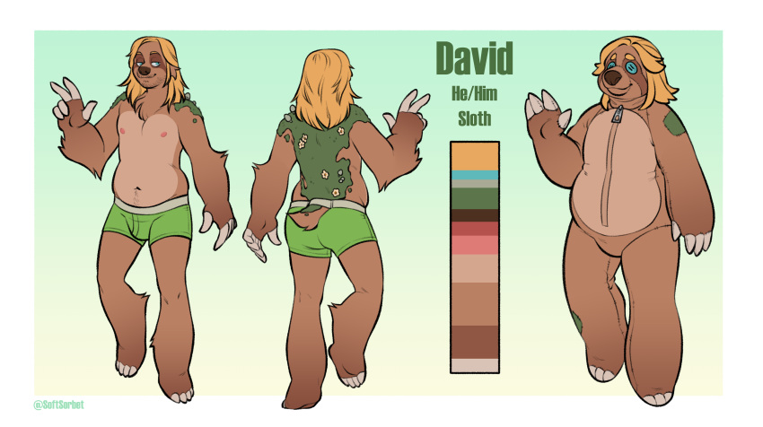 absurd_res anthro blonde_hair clothing hair hi_res long_hair male mammal model_sheet pilosan plushie sloth solo sorbet_(artist) underwear xenarthran