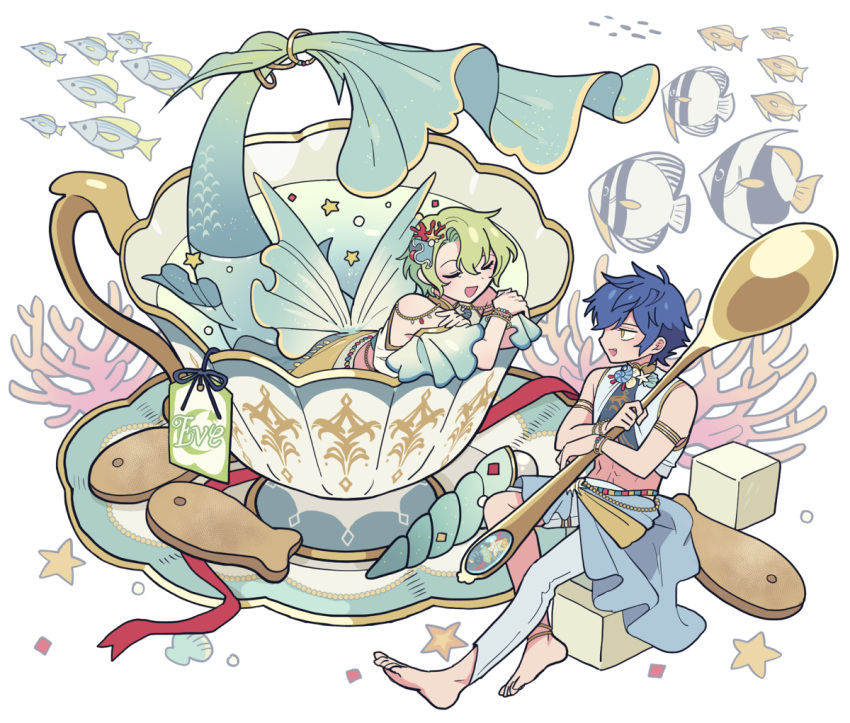 2boys barefoot blue_hair butterflyfish closed_eyes clownfish coral cracker cup ensemble_stars! fish food full_body gold_trim green_hair holding holding_spoon in_container in_cup leaning_on_object male_focus meremero merman monster_boy monsterification multiple_boys open_mouth oversized_object sazanami_jun seashell shell short_hair sitting smile spoon starfish sugar_cube tomoe_hiyori tropical_fish water