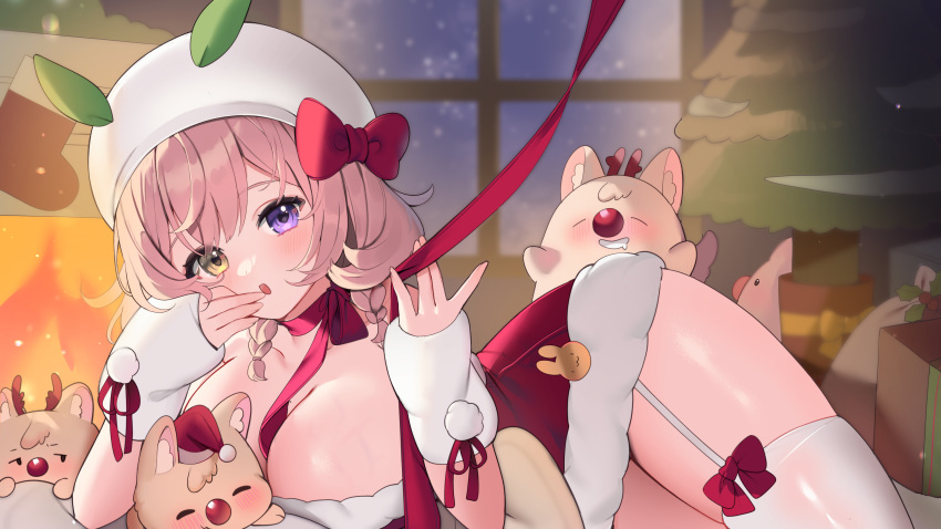 1girl bare_shoulders between_breasts bow box braid breasts christmas christmas_present christmas_stocking christmas_tree cleavage fireplace garter_straps gift gift_box hat heterochromia highres indoors large_breasts open_mouth original purple_eyes red_nose ribbon ropu_(ropu_10) santa_costume santa_hat short_hair snowing thighhighs thighs twin_braids white_headwear window yellow_eyes