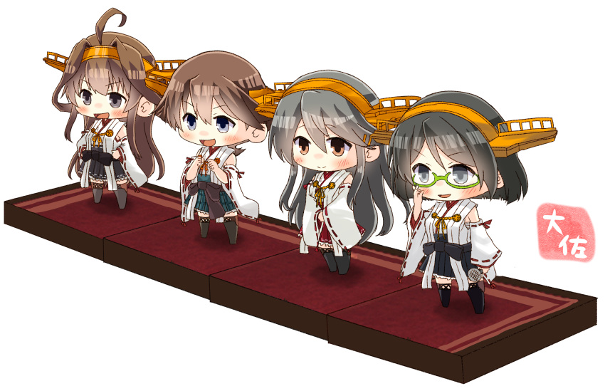 4girls :d absurdres ahoge artist_name bare_shoulders black_hair black_skirt blue_eyes blush brown_eyes brown_hair clenched_hands commentary_request detached_sleeves double_bun glasses green-framed_eyewear green_skirt grey_eyes hair_between_eyes hair_ornament hairband hairclip haruna_(kantai_collection) headgear hiei_(kantai_collection) highres holding holding_microphone japanese_clothes kantai_collection kirishima_(kantai_collection) kongou_(kantai_collection) long_hair microphone multiple_girls no_legwear nontraditional_miko open_mouth plaid plaid_skirt pleated_skirt red_skirt remodel_(kantai_collection) ribbon-trimmed_sleeves ribbon_trim short_hair simple_background skirt smile taisa_(kari) thighhighs v-shaped_eyebrows white_background wide_sleeves