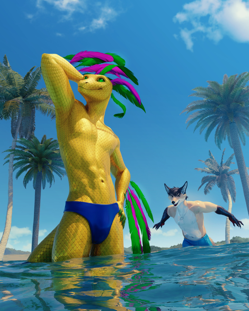 absurd_res anthro canid canine clothed clothing cloud couatl duo feathered_snake feathers feet fox fur hi_res itzal_eguzkia jewelry kirena-kaya light looking_at_another looking_away looking_up male male/male mammal necklace plant pose reflection reptile scalie snake speedo speedo_only sunlight sunny swimming_pool swimming_trunks swimwear tackle tail talons toes topless tree water