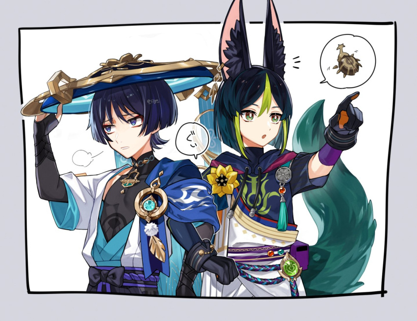 2boys animal_ear_fluff animal_ears armor beetle bell black_hair bug earrings fox_boy fox_ears fox_tail genshin_impact gloves green_eyes green_hair grey_background hand_on_headwear hat japanese_armor japanese_clothes jewelry jingasa jingle_bell kote kurokote male_focus mandarin_collar medal multiple_boys parted_lips pointing puff_of_air scaramouche_(genshin_impact) sigm simple_background single_earring tail tassel tighnari_(genshin_impact) vision_(genshin_impact) wanderer_(genshin_impact) white_background