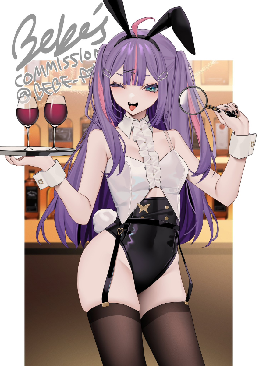 1girl ;d ahoge alcohol animal_ears aqua_eyes bebe_(bebe_pp) black_nails black_shorts black_thighhighs center-flap_bangs commentary commission cup drinking_glass fake_animal_ears hair_ornament highres holding holding_magnifying_glass indie_virtual_youtuber magnifying_glass meitantei_marimu micro_shorts multicolored_hair one_eye_closed rabbit_ears rabbit_tail shorts skeb_commission smile solo streaked_hair tail thighhighs two_side_up wine wine_glass wing_hair_ornament wrist_cuffs x_hair_ornament