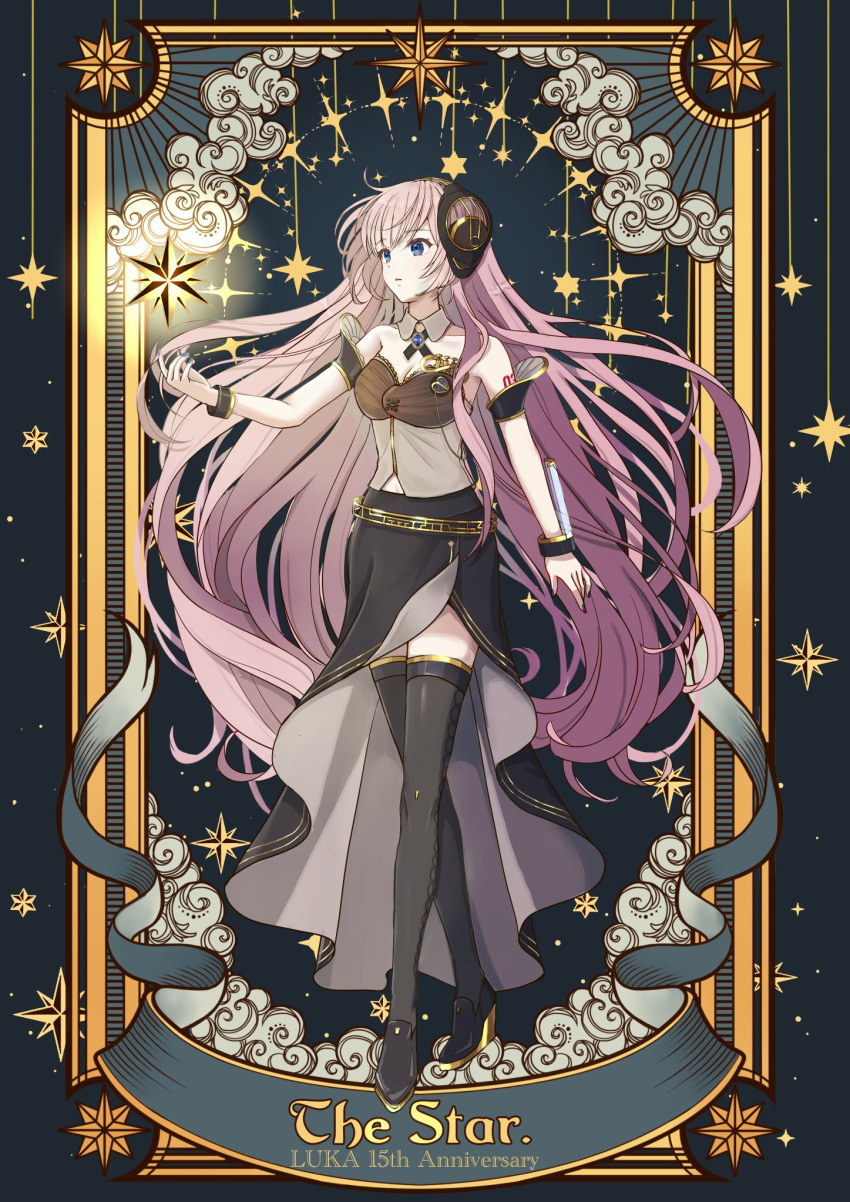 1girl anniversary bare_shoulders black_footwear black_shirt black_skirt black_thighhighs blue_background blue_eyes border character_name commentary_request crop_top headgear highres long_hair long_skirt megurine_luka megurine_luka_(vocaloid4) mofmama number_tattoo ornate_border shirt skirt solo sparkle standing star_(sky) tattoo thighhighs v4x very_long_hair vocaloid wrist_cuffs