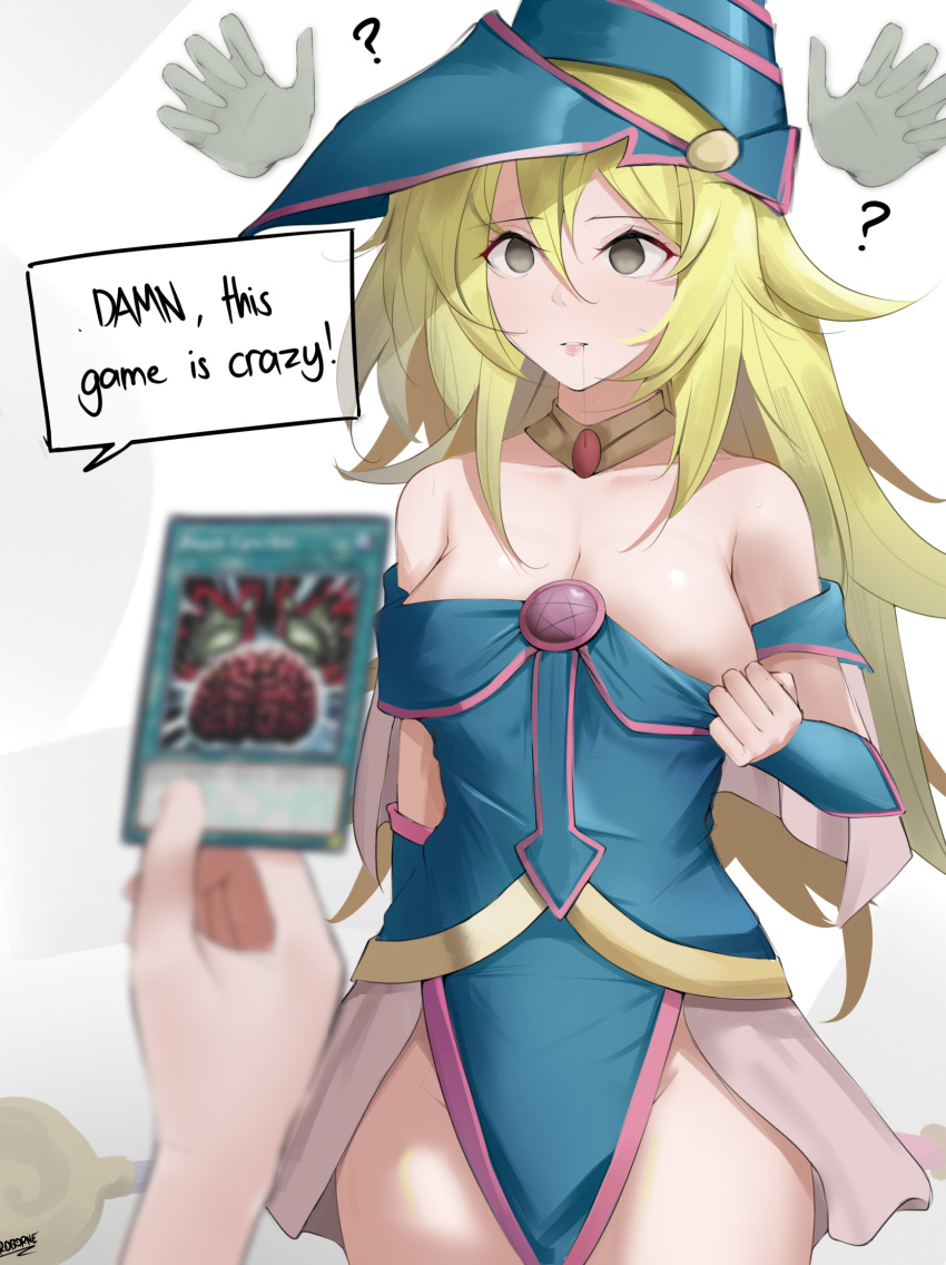 1girl 1other ? bare_shoulders blonde_hair blue_dress blue_headwear blurry brain_control_(yu-gi-oh!) breasts card clothes_pull collarbone dark_magician_girl depth_of_field dress dress_pull drooling duel_monster empty_eyes english_text eroborne grey_eyes hat highres holding holding_card hypnosis jewelry large_breasts long_hair looking_at_another mind_control neck_ring parted_lips pelvic_curtain pentagram pulled_by_self saliva solo_focus speech_bubble very_long_hair wavy_hair wizard_hat yu-gi-oh!
