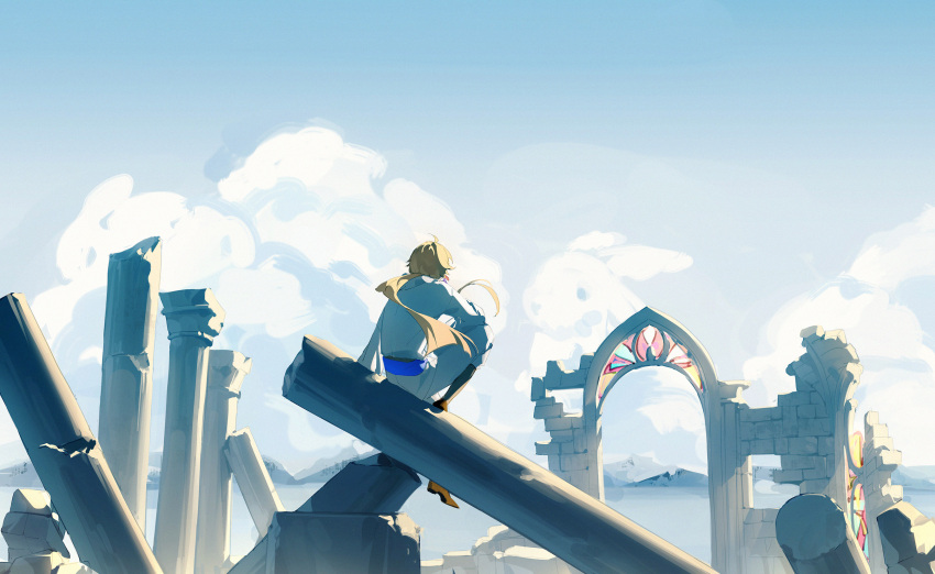1other ahoge arch belt blonde_hair blue_belt brick brick_wall chinese_commentary cloud day facing_away highres lirisy long_hair long_sleeves low_ponytail mountainous_horizon original outdoors pants pillar rabbit red_footwear ruins shirt shoes sitting sky solo white_pants white_shirt