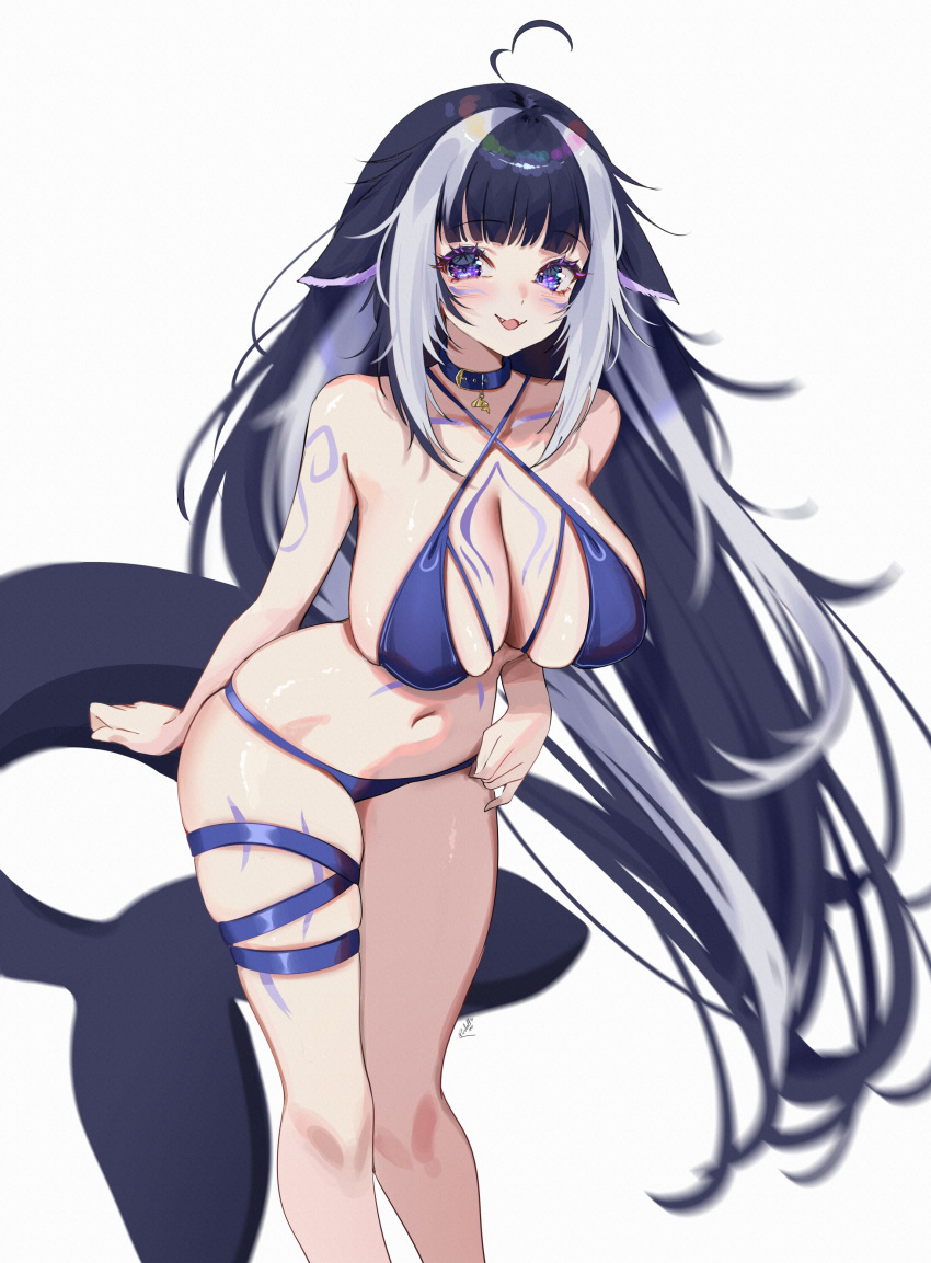 1girl absurdres ahoge arm_tattoo bikini black_hair blue_bikini blue_collar body_markings breasts chest_tattoo collar criss-cross_halter facial_tattoo fangs halterneck heart heart_ahoge highres indie_virtual_youtuber large_breasts leaning_forward leg_tattoo long_hair looking_at_viewer multicolored_hair navel open_mouth orca_girl purple_eyes rosebell shylily shylily_(bikini) streaked_hair swimsuit tattoo virtual_youtuber white_background white_hair