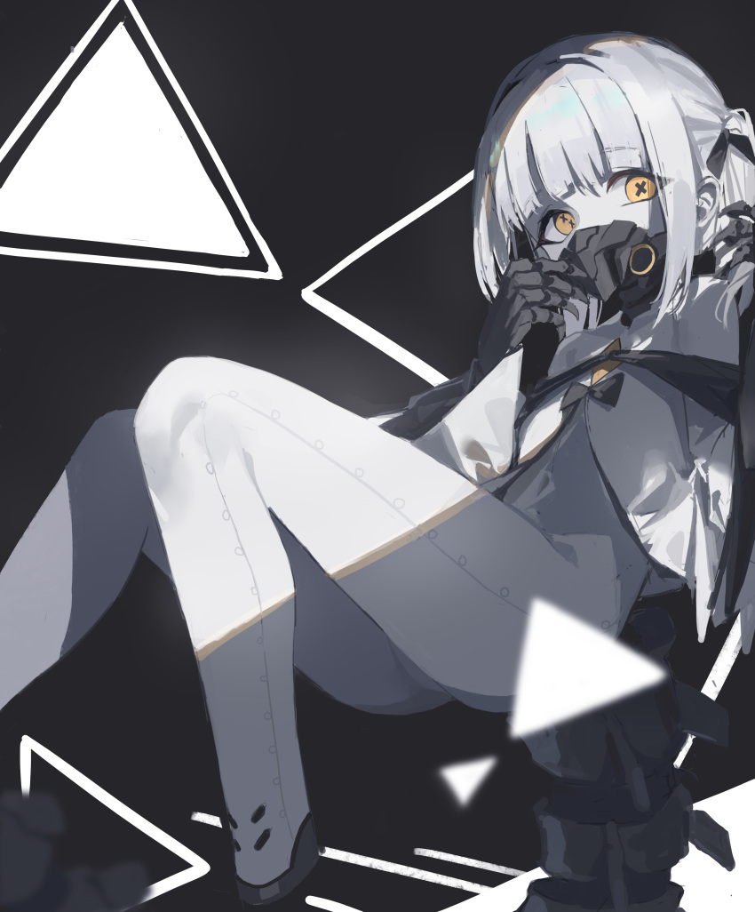 1girl absurdres ass black_mask blue_archive coat colored_skin ein_(blue_archive) extra_pupils highres long_sleeves loong_(loong_blo) mask mechanical_hands mechanical_tail medium_hair open_clothes open_coat respirator solo symbol-shaped_pupils tail twintails white_coat white_hair white_skin wide_sleeves x-shaped_pupils yellow_eyes
