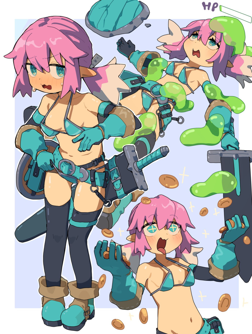 +_+ 1girl @_@ armor belt bikini bikini_armor black_thighhighs blue_belt blue_gloves boots gloves greentanuki health_bar highres multicolored_hair multiple_views navel open_mouth original scabbard sheath shield shiny_eyes slime_(creature) swimsuit sword thighhighs tongue tongue_out twintails two-tone_hair weapon