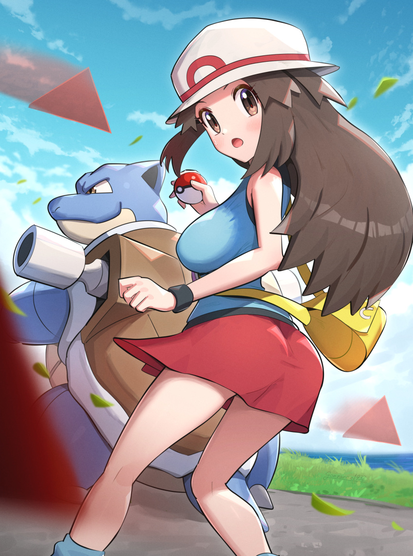 1girl :o absurdres ass bag black_wristband blastoise blue_shirt blue_sky blush breasts brown_eyes brown_hair creature from_behind gonzarez hat highres holding holding_poke_ball large_breasts leaf_(pokemon) long_hair looking_at_viewer looking_back open_mouth poke_ball poke_ball_(basic) pokemon pokemon_(creature) pokemon_frlg red_skirt shirt skirt sky sleeveless sleeveless_shirt white_headwear wristband yellow_bag